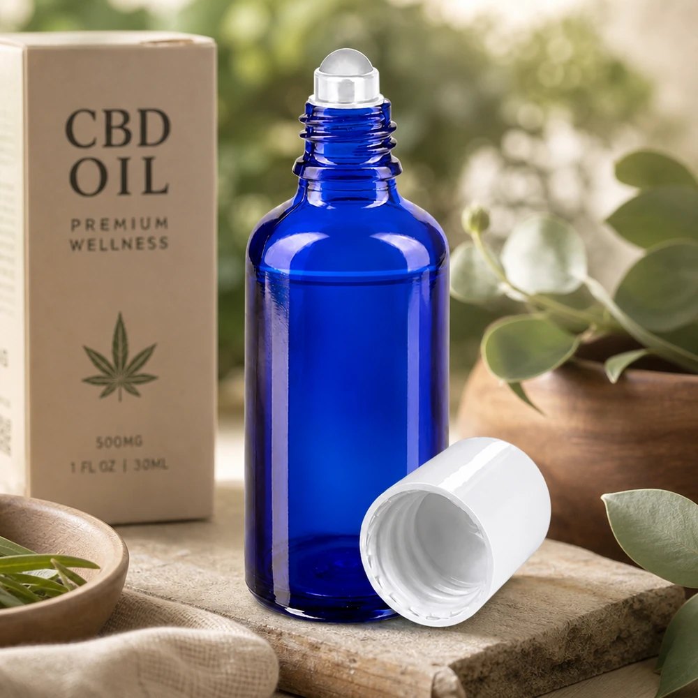 Frasco de farmacia azul de 50 ml con aplicador de bola, ideal para aceites de CBD, sérums y productos para el cuidado corporal