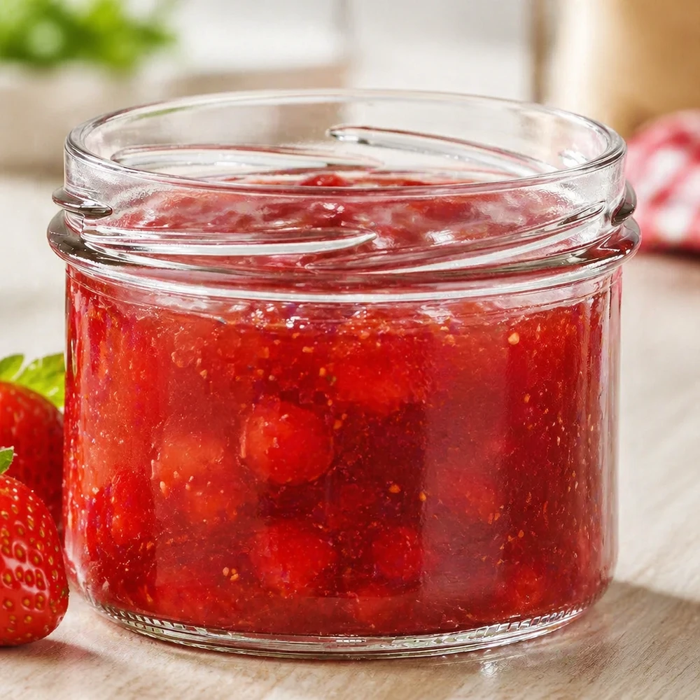 Vasos de 225ml sin tapa (TO82) UNiTWIST UNiTWIST Sturz225 vasos 225ml TO82 rellenos de mermelada de fresa roja sobre una mesa de madera con fresas frescas