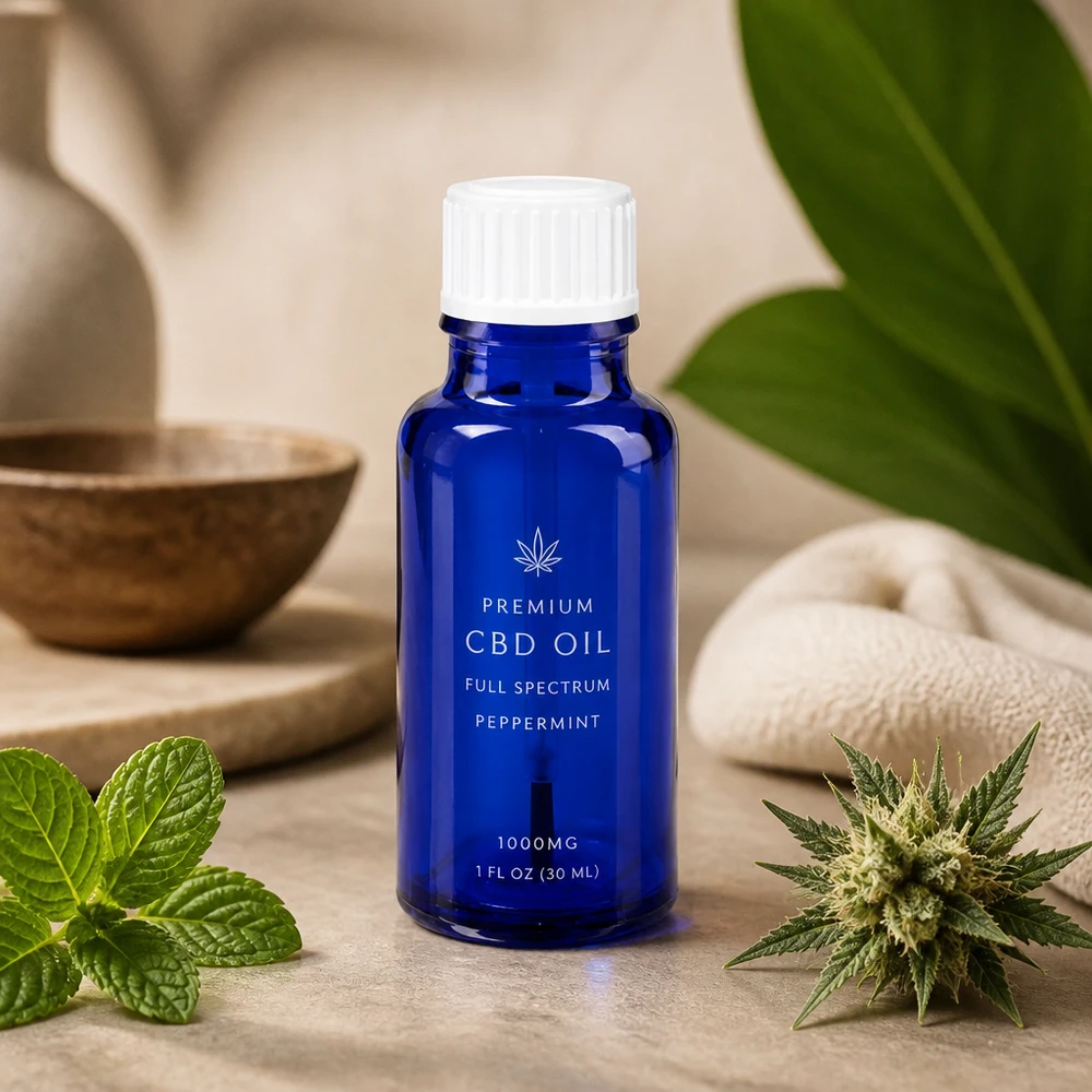 Frasco pequeño con pincel de 20 ml, de cristal azul STD, con tapón blanco decorado con una planta de menta