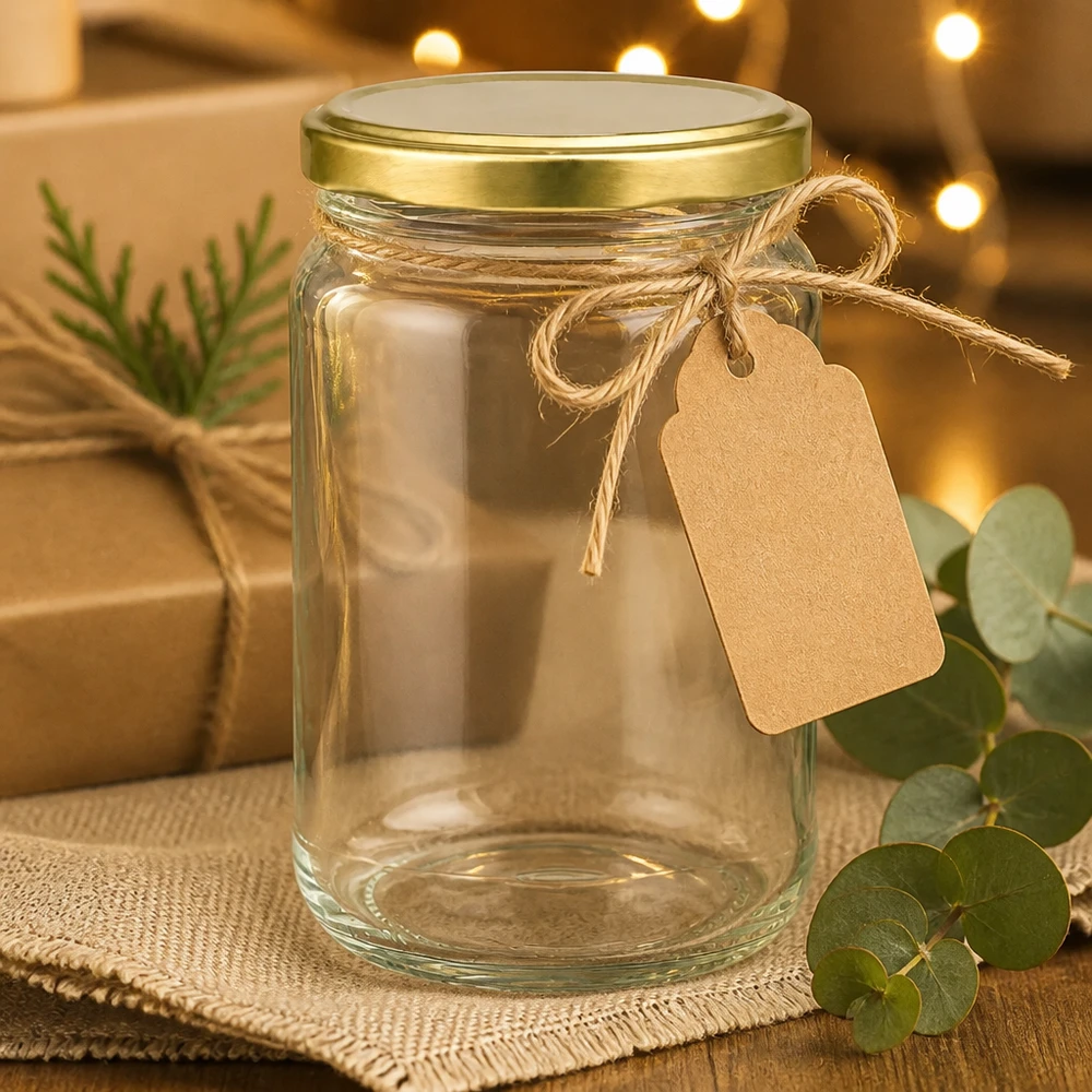 Tarro redondo 305ml con tapa BasicSeal oro UNiTWIST 305ml Rundglas UNiTWIST gold mit Geschenkanhänger - leeres Einweckglas dekorativ präsentiert für Geschenkideen