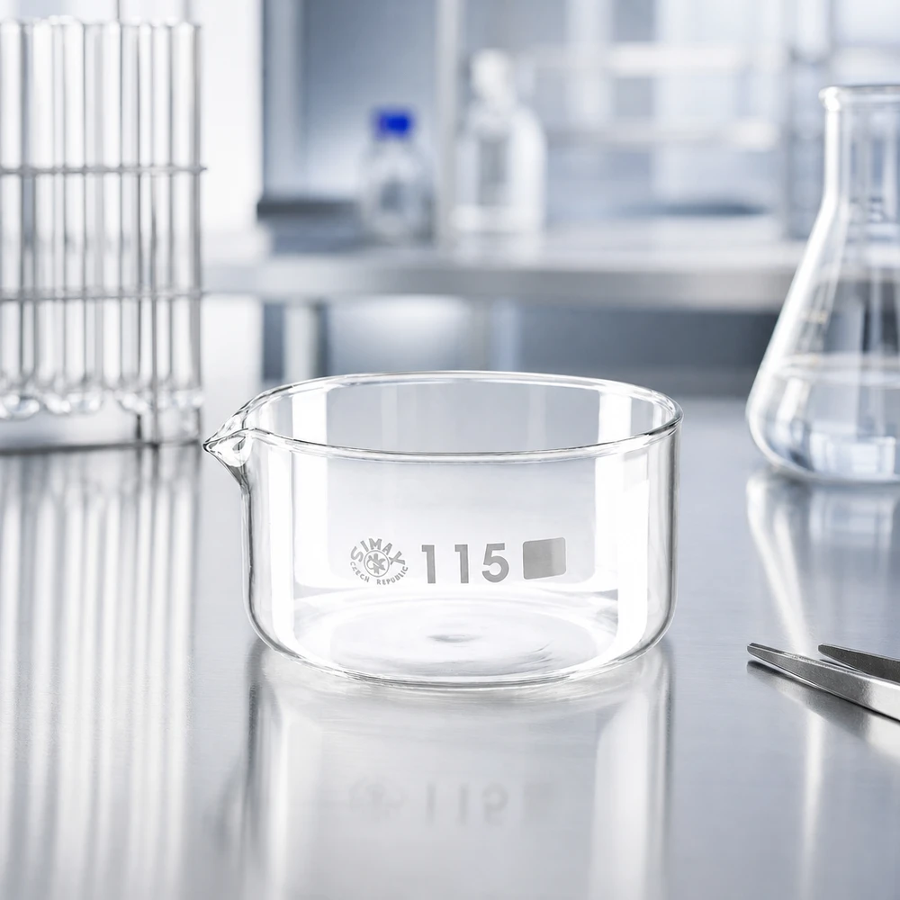 Cubeta de cristalización de 500 ml con pico de borosilicato ø115mm Recipiente de cristalización SIMAX de 500 ml, de vidrio borosilicato, sobre una mesa de acero inoxidable en un laboratorio profesional, ø 115 mm