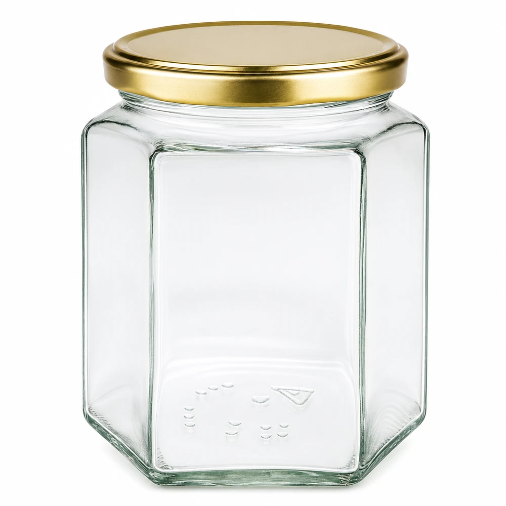 Tarro de miel de 500 g con tapa dorada BasicSeal UT transparente hexagonal vacío para miel apícola