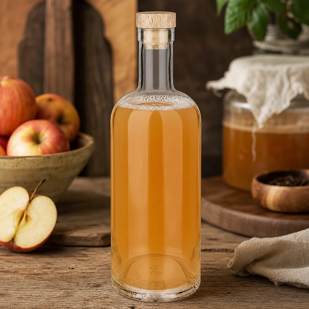 Botella de vidrio de 750 ml «Emma» con tapón de corcho con asa de madera UNiTWIST® 750ml Glasflasche Emma mit Holzkorken gefüllt mit Apfelsaft inmitten herbstlicher Apfel-Deko auf rustikalem Holztisch