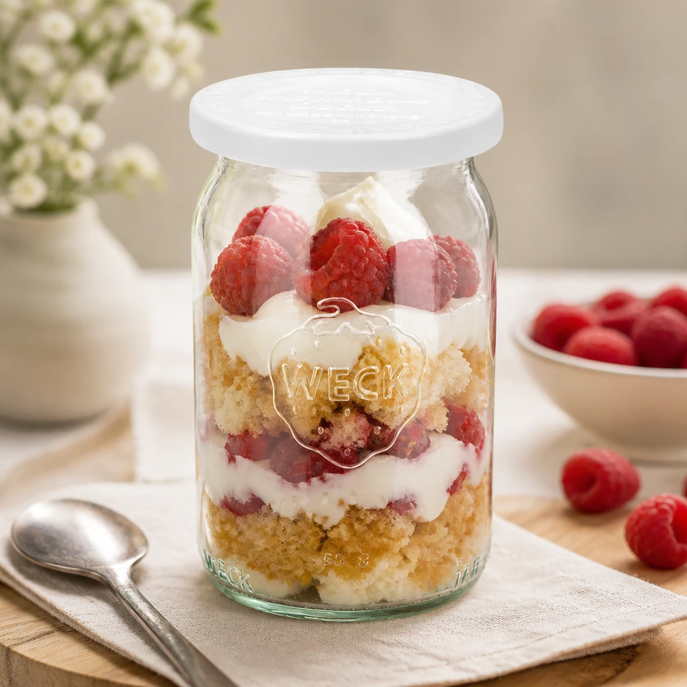 Tarro cilíndrico de 145ml con tapa de frescura WECK RR40 WECK RR40 tarro cilíndrico 145ml con postre de capas de frambuesas y nata como tarro de desayuno sobre una base de color claro