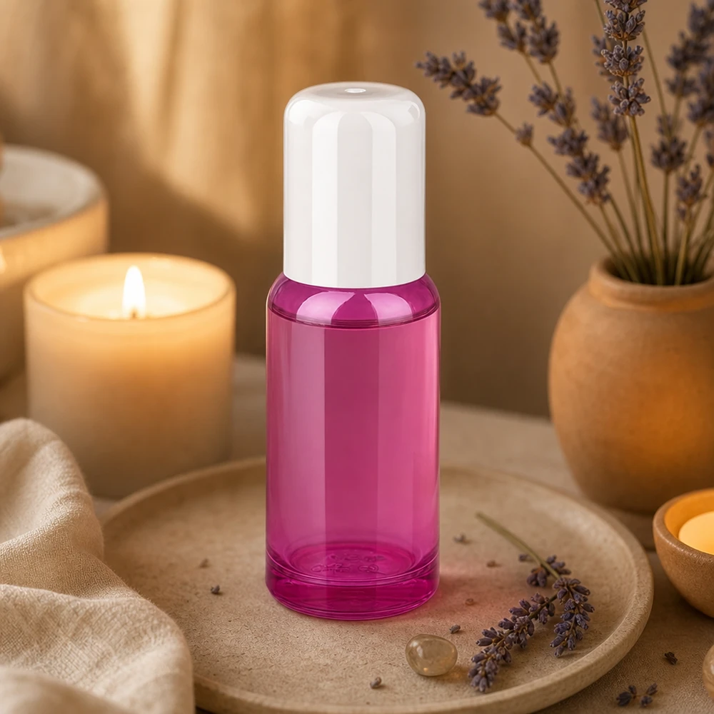 Frasco roll-on de 20 ml de vidrio de alta calidad con práctico sistema de cierre de bola en color morado