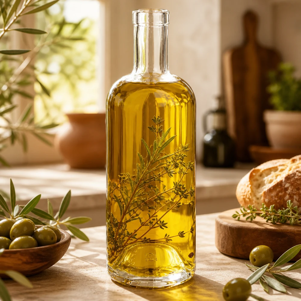 Botella de cristal de 750 ml de Emma rellena de aceite de oliva y hierbas junto a pan de aceitunas y decoración mediterránea