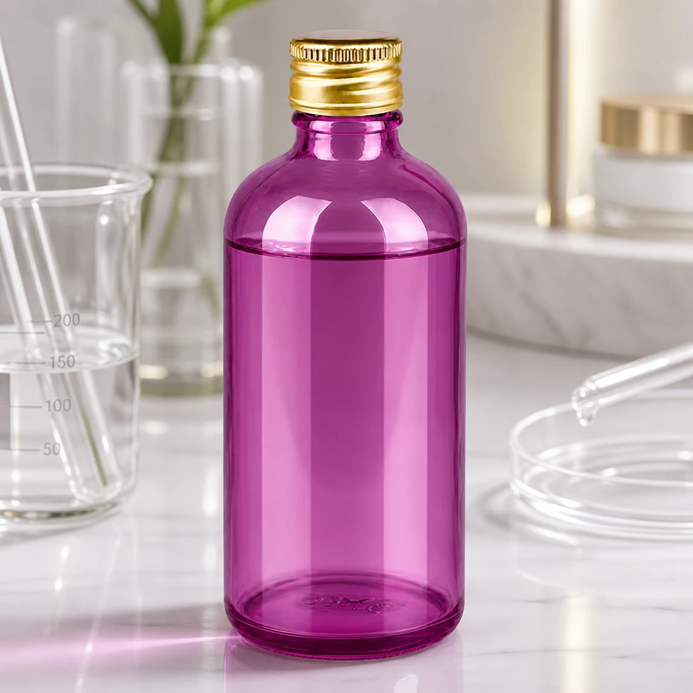 Frasco de cristal violeta de protección contra la luz de 100 ml con tapa de aluminio para principios activos sensibles a los rayos UV