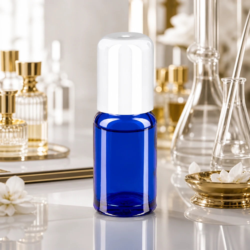 Frasco roll-on 10ml blanco tapón estándar BlueLine UT18/10 Elegante frasco roll-on azul de 10 ml con tapón blanco para productos cosméticos profesionales