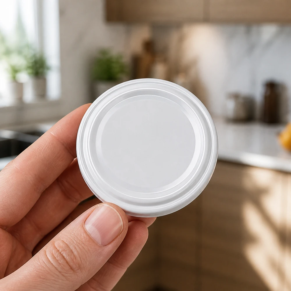 UNiTWIST TO43 blanco, BioSeal, sin BPA, unitemp UNiTWIST TO43, tapa de rosca blanca BioSeal sin BPA, unitemp, en la cocina, sostenida con la mano