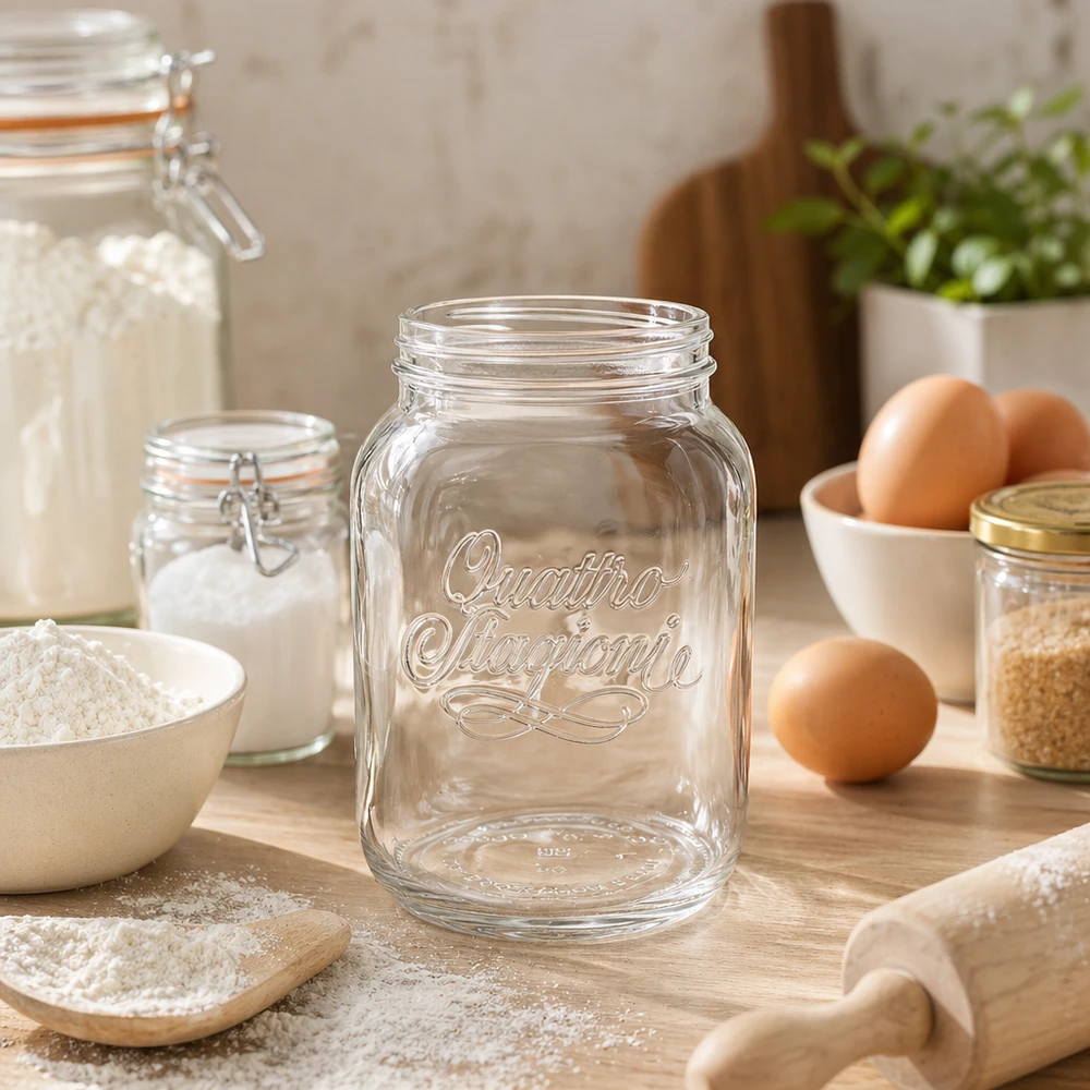 Quattro Stagioni vaso doméstico 3000ml transparente sobre mesa de madera con utensilios de cocina huevos y harina