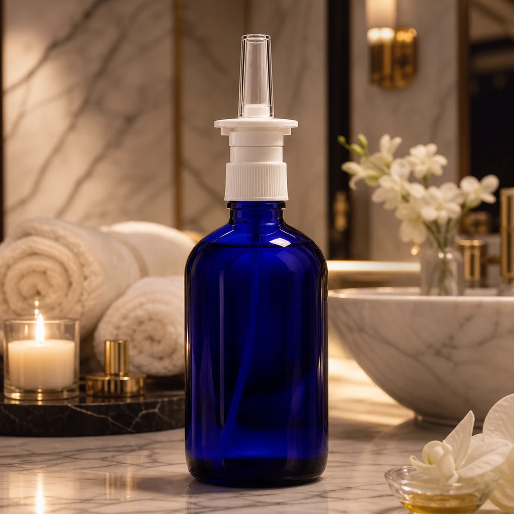 Botella de farmacia azul 100ml spray nasal blanco estándar Frasco de cristal azul cobalto de 100 ml con aplicador nasal, presentado en un elegante cuarto de baño de lujo con suelo de mármol