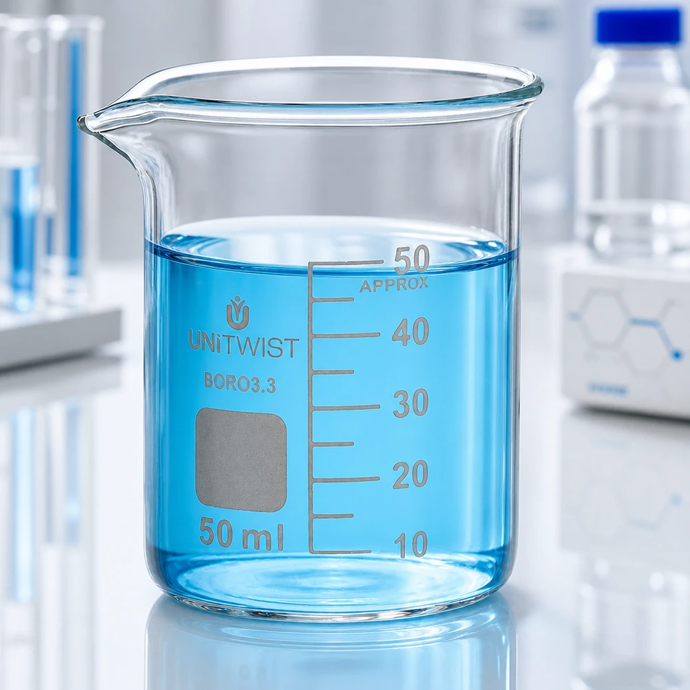 Vaso de precipitados UNiTWIST de 50 ml, de forma baja, con líquido de color turquesa y un nivel de 45 ml en el laboratorio