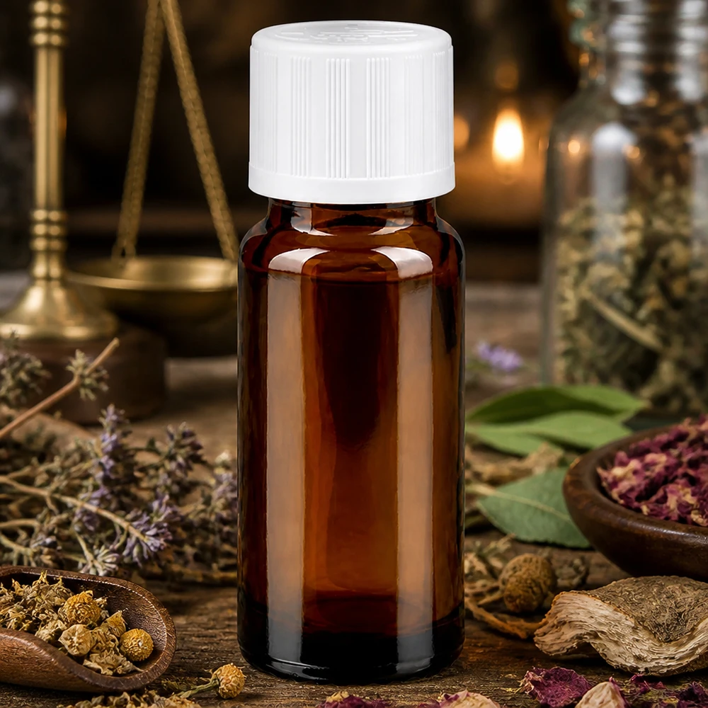 Botella de farmacia marrón 10ml tapón cuentagotas blanco estándar de seguridad para niños Frasco cuentagotas marrón de 10 ml, de cristal de farmacia, con tapón blanco de silicato de potasio (KiSi) entre hierbas medicinales secas