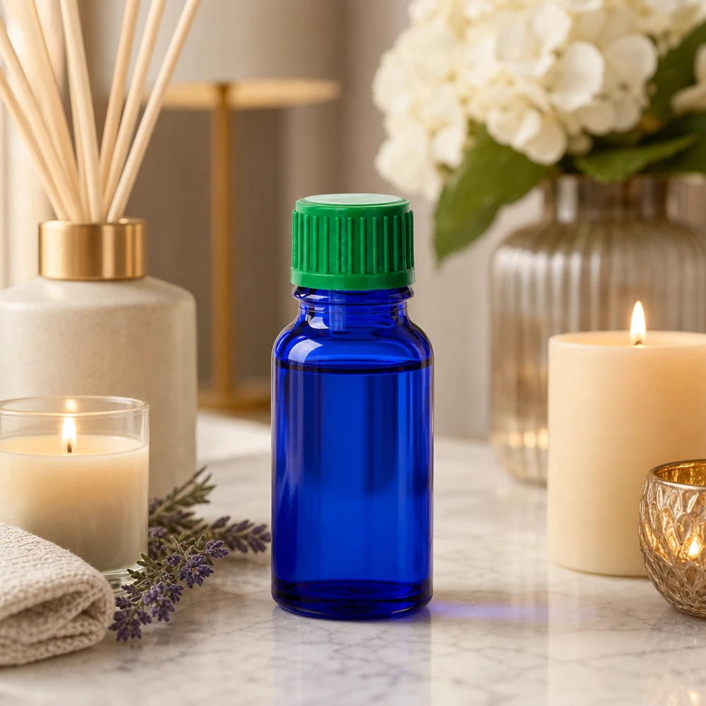 Frasco de vidrio de 10 ml en azul cobalto con tapón verde para aplicaciones médicas