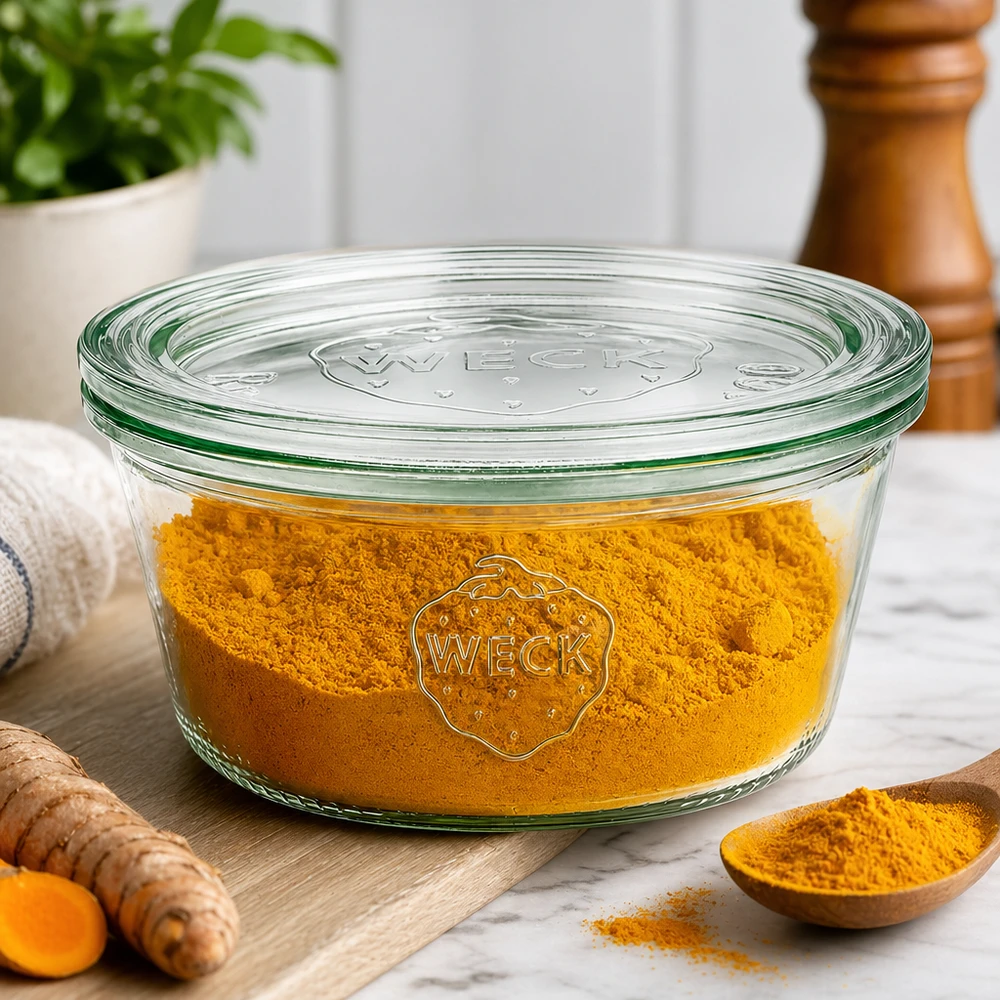 WECK vasos 290ml RR100 lleno de cúrcuma en polvo como un tarro de especias junto a la raíz de cúrcuma fresca y cuchara de madera