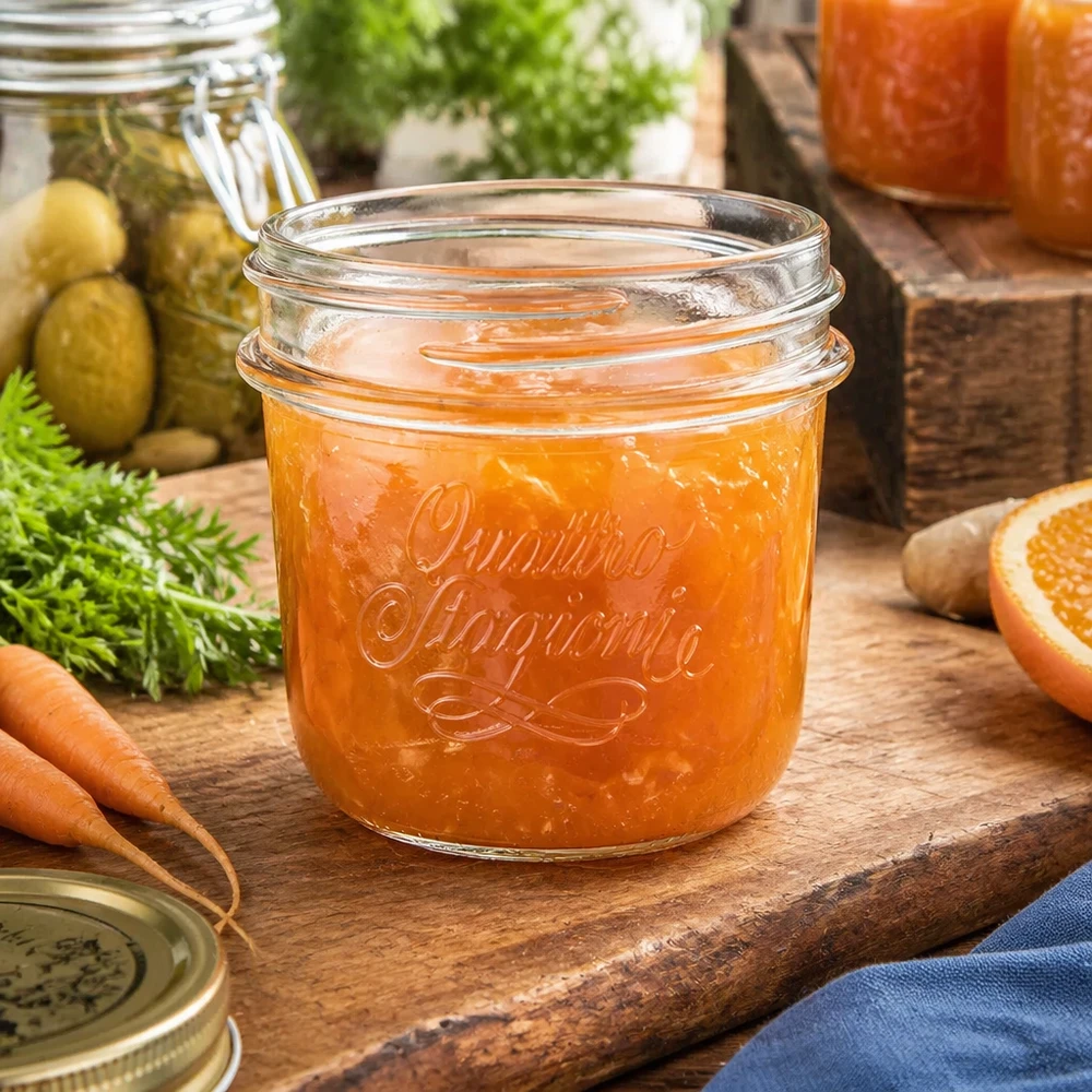 Vasos "Quattro Stagioni" de 200 ml QS86mm Tarro de conserva Quattro Stagioni de 200 ml con mermelada de naranja sobre una tabla de madera junto a zanahorias y pepino