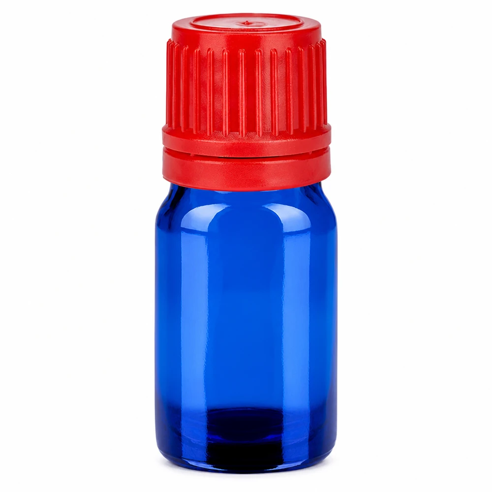 Frasco de 5 ml con tapón de rosca de 11 mm rojo con precinto de seguridad BlueLine UT18/5 Frasco de vidrio azul de 5 ml con tapón de rosca rojo de 11 mm SV BlueLine UT18/5
