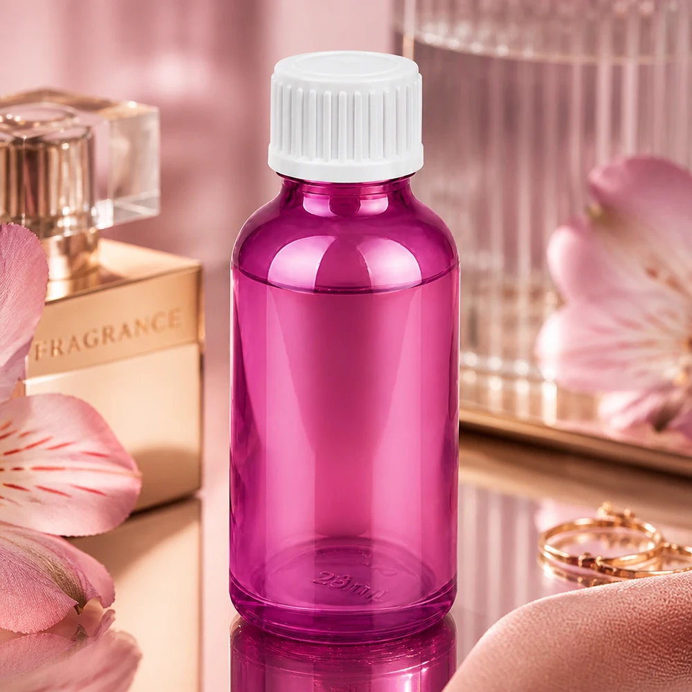 Pequeño frasco cuentagotas de 30 ml en violeta para aromaterapia y cosmética DIY con tapón blanco