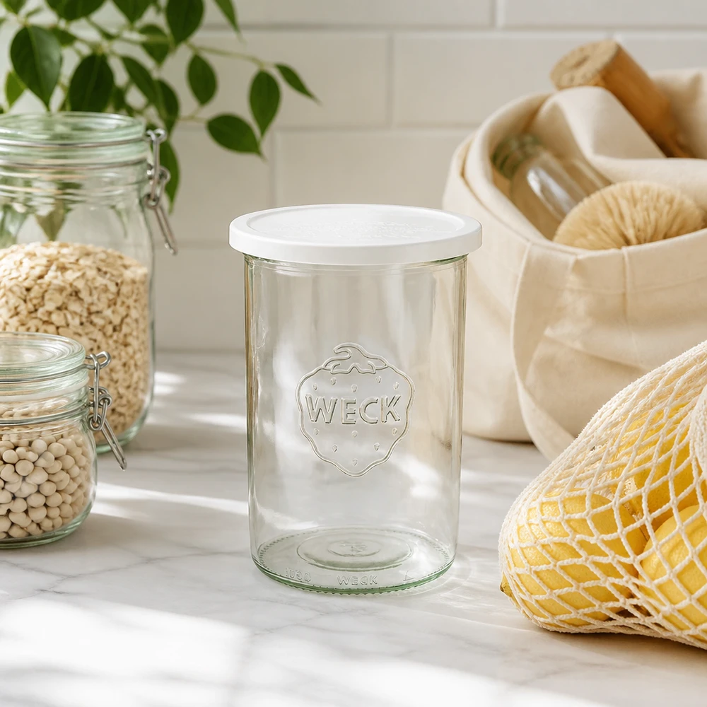 Vasos de 1000ml con tapa de frescor WECK RR100 Vasos RR100 de 1000 ml de WECK en un entorno de cocina natural con utensilios de almacenamiento y plantas sostenibles