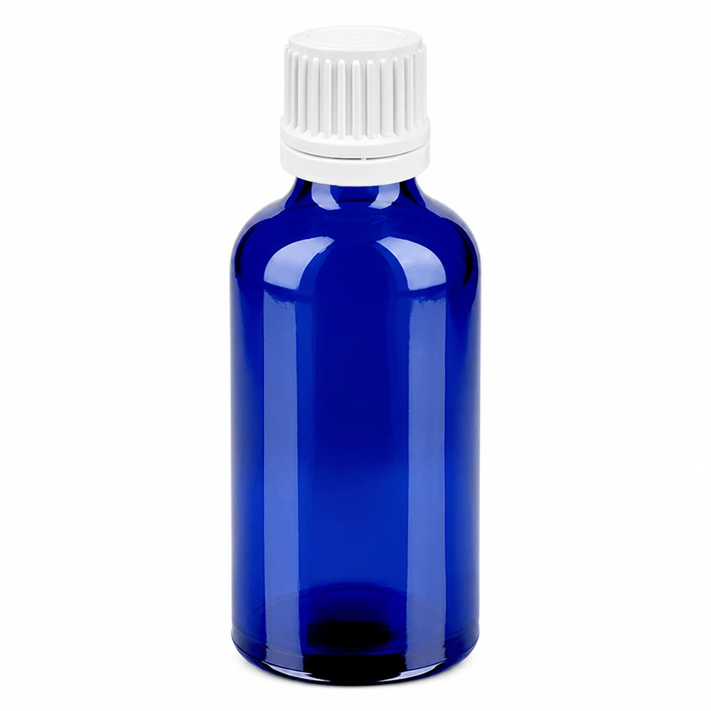 Frasco de vidrio azul de 50 ml con tapón cuentagotas blanco de 0,7 mm para una dosificación precisa BlueLine UT18/50