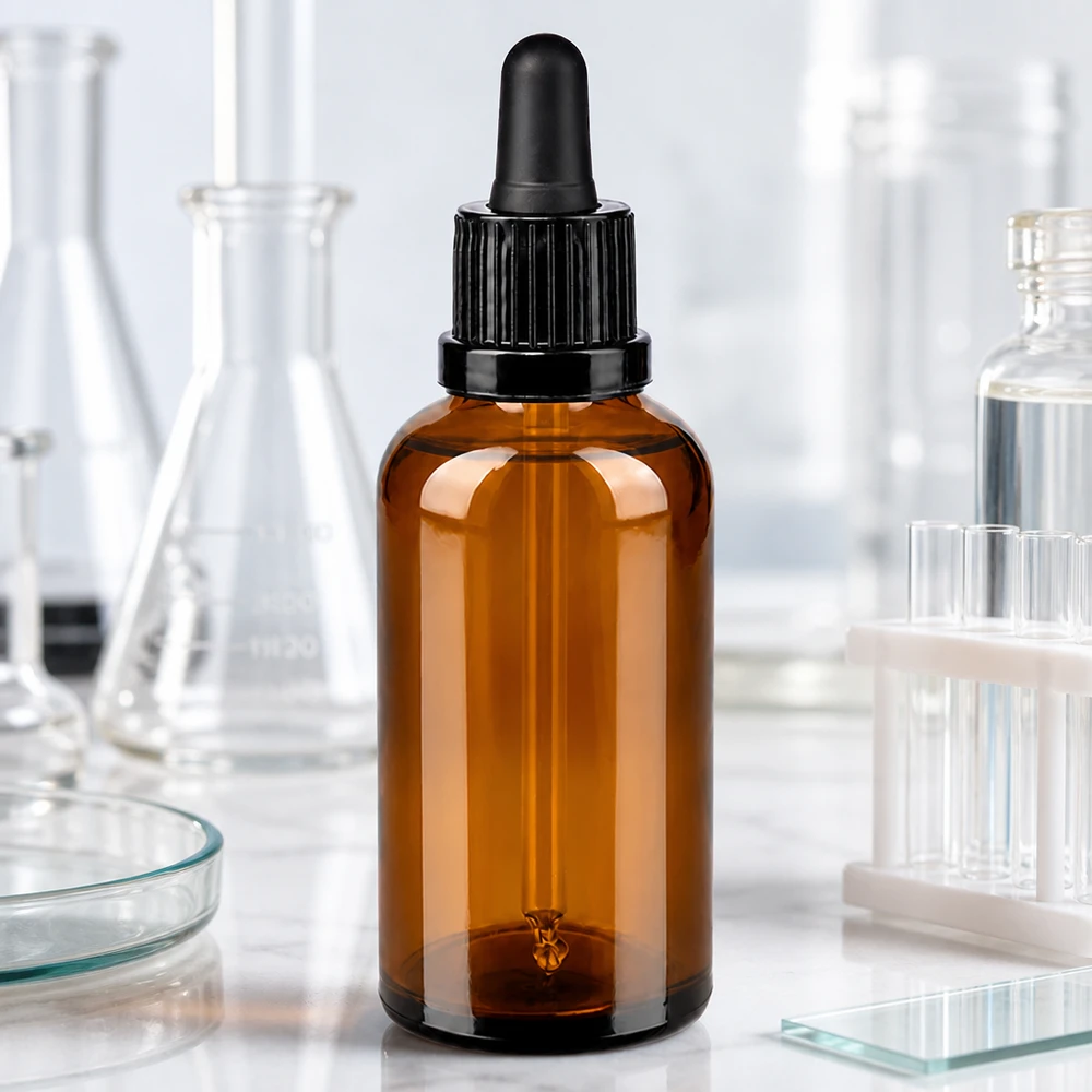 Frasco pipeta 50ml cierre inviolable negro BrownLine UT18/50 Frasco compacto de vidrio ámbar de 50 ml con pipeta OV BrownLine UT18/50 para aplicaciones de laboratorio