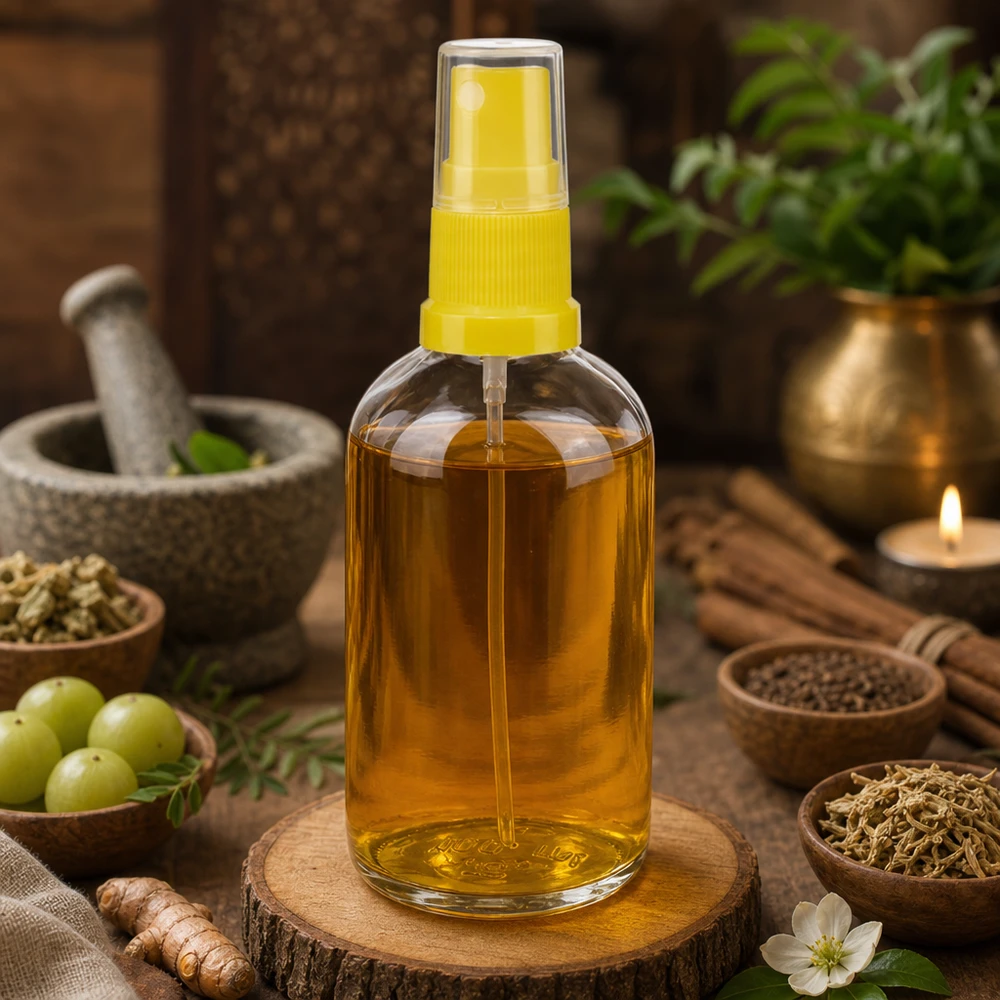 Botella pulverizadora para aceites herbales ayurvédicos, 100 ml, amarilla transparente, con mecanismo de bomba ClearLine