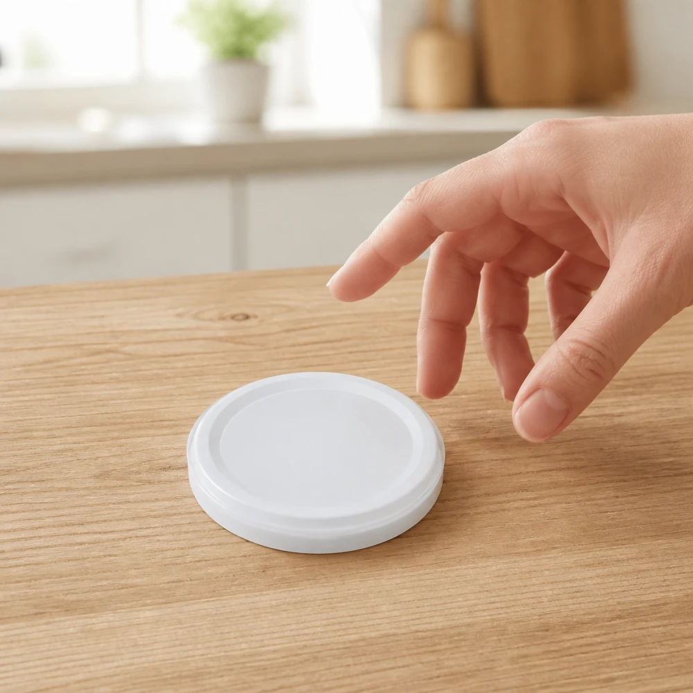 Tapa Weisser BasicSeal TO58deep colocada en posición horizontal sobre una mesa de madera, con una mano al fondo