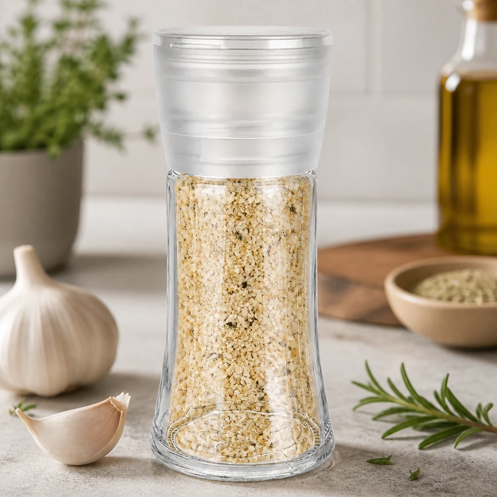 Frasco para sal y especias de 95 ml con molinillo Vario blanco Frasco para especias de 95 ml con molinillo, lleno de sal de ajo, junto a ajo fresco y romero