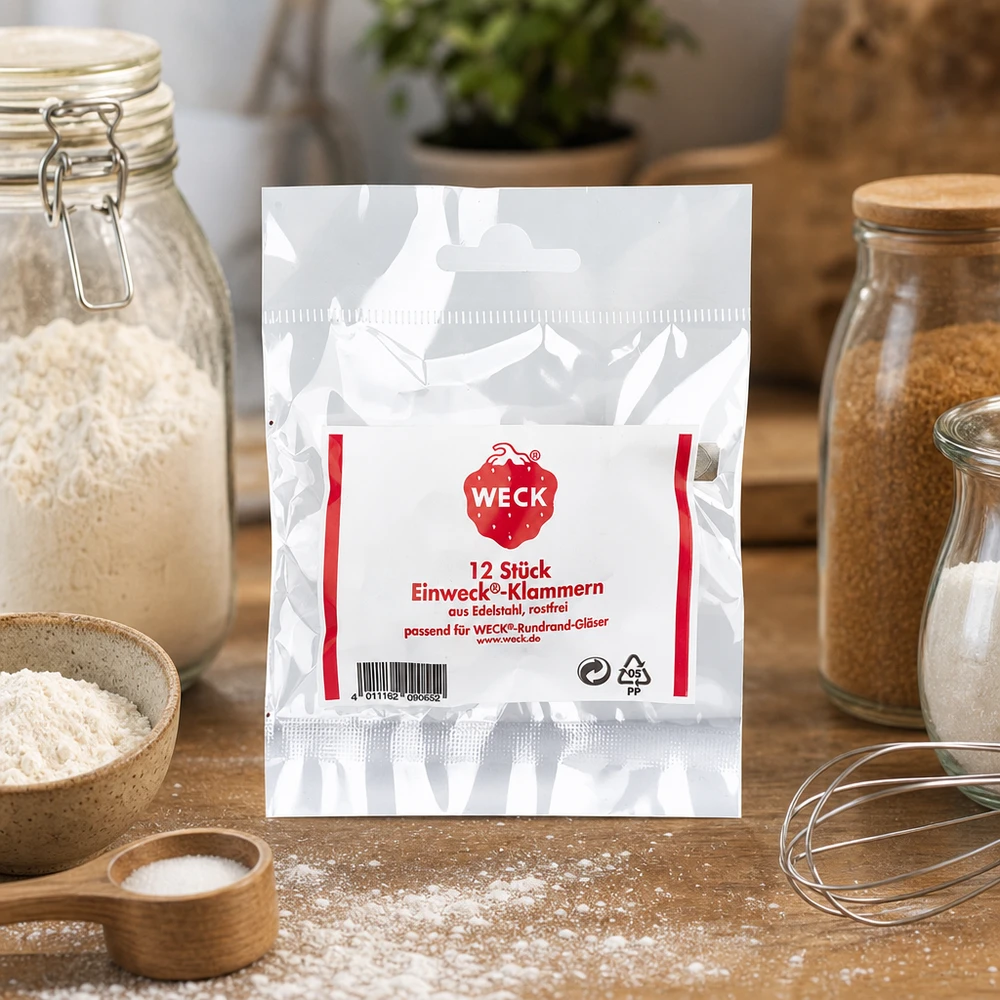 WECK abrazaderas de envasado en la cocina natural con tarros de almacenamiento de harina de especias y utensilios de cocina estilo de vida