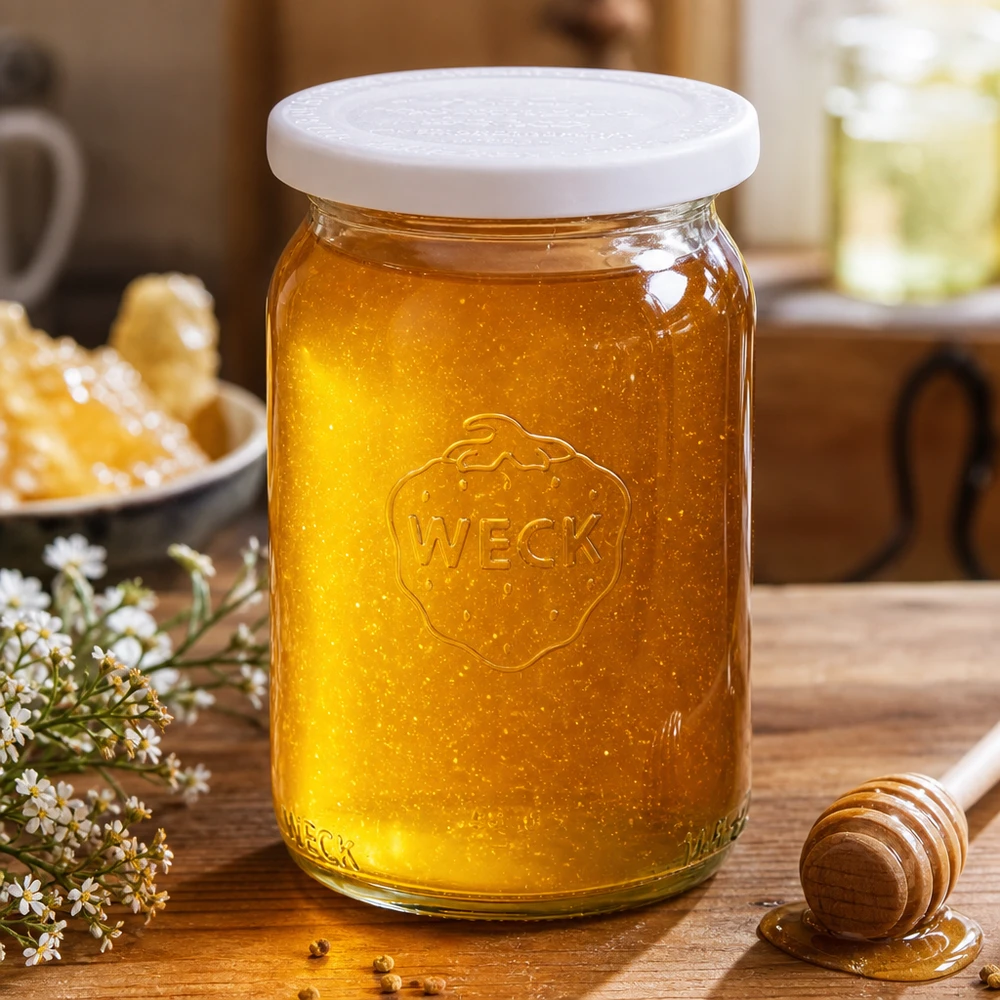 Tarro cilíndrico WECK 145ml RR40 lleno de miel sobre una tabla de madera decorada con una cuchara de miel y flores de manzanilla