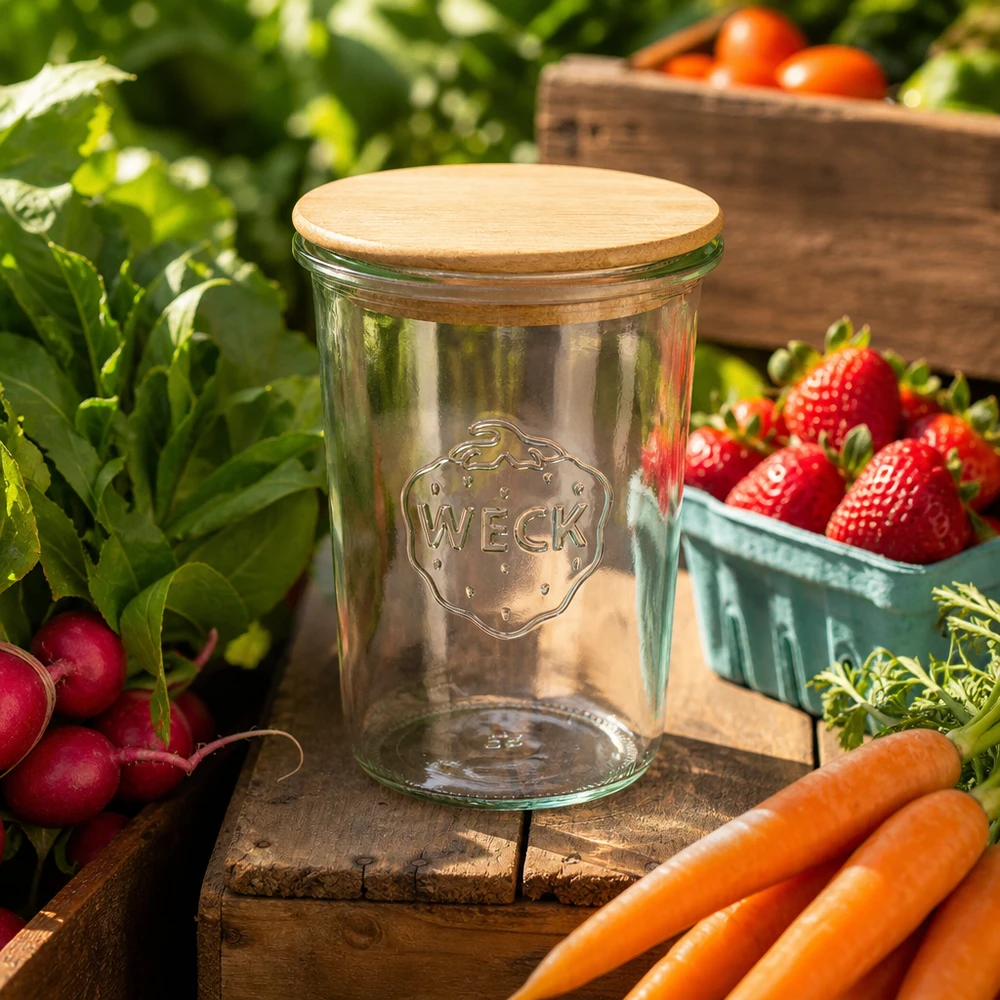 Vasos WECK RR100 850ml con tapa de madera WECK tarro 850ml RR100 tapa de madera escena jardín verduras frescas zanahorias rábanos fresas tomates