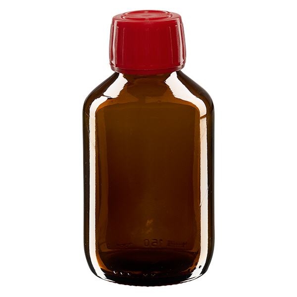 Frasco medicamento 150ml marrón, tapón rojo con precinto de seguridad ApoGlas Frasco medicamento 150ml marrón, tapón rojo con precinto de seguridad ApoGlas