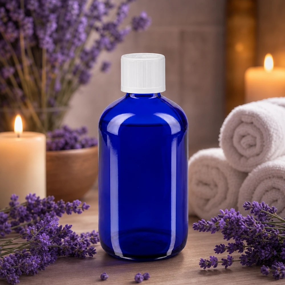 Botella de farmacia azul 100ml tapón cuentagotas blanco a prueba de niños estándar Frasco de farmacia azul de 100 ml con tapón de seguridad para niños blanco, entre flores de lavanda y velas