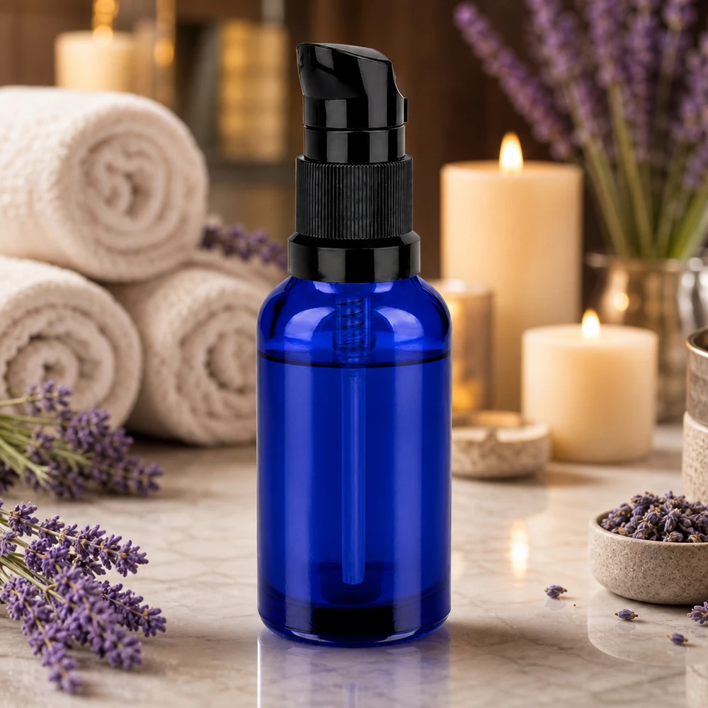 Dosificador de bomba negro en un frasco de vidrio azul de 30 ml para productos cosméticos de alta calidad