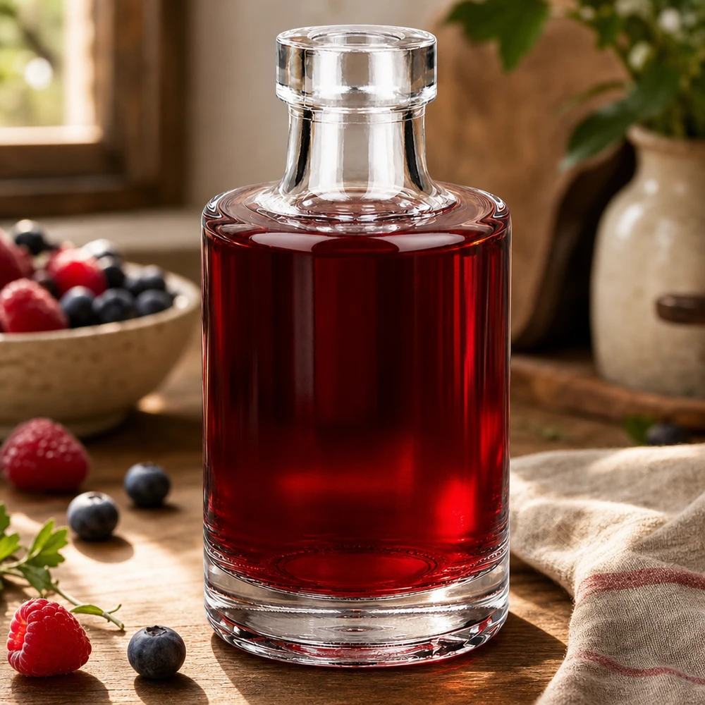 Botella de cristal de Marie de 100 ml llena de sirope de frutos rojos junto a frambuesas y arándanos frescos sobre una mesa de madera
