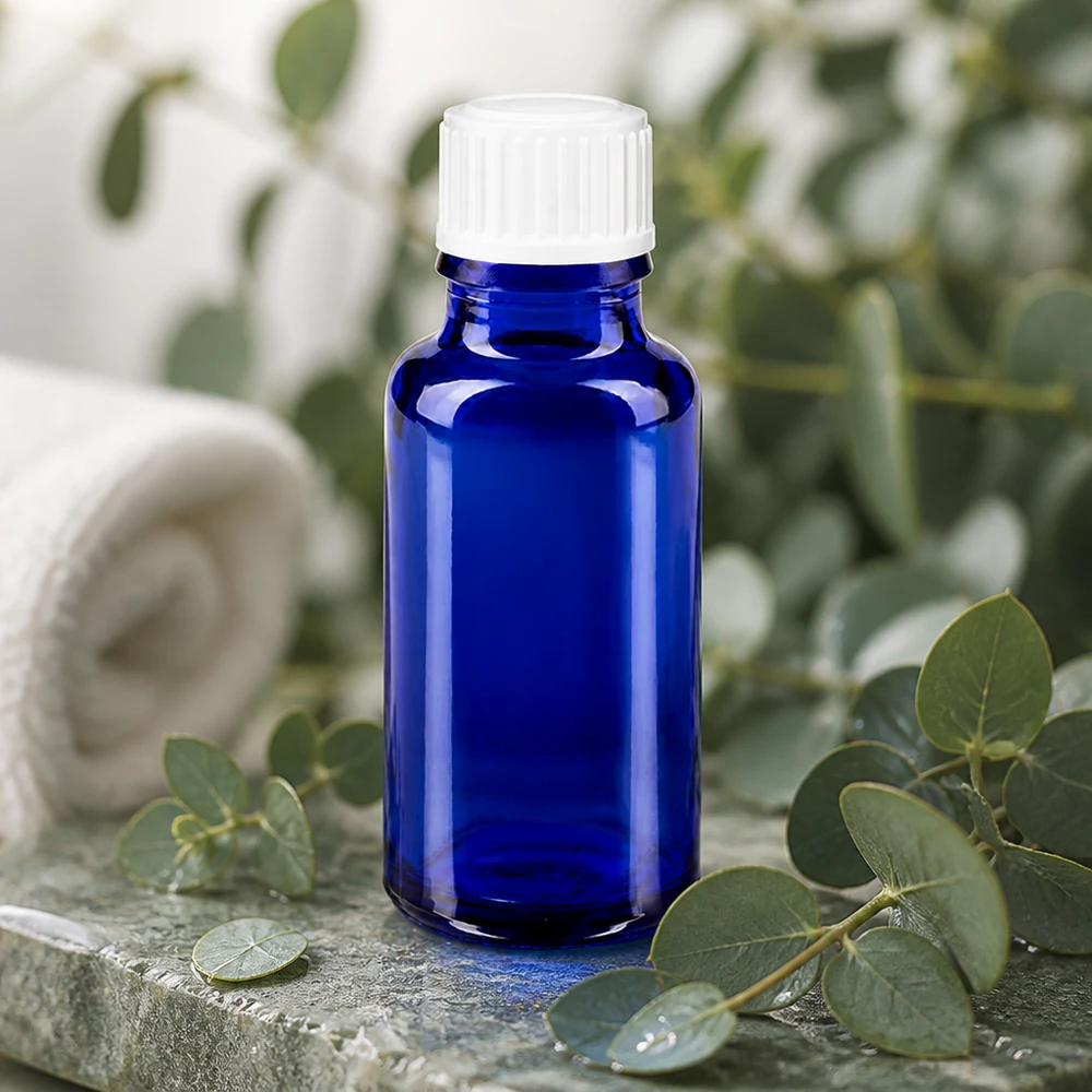 Pequeño frasco azul de vidrio ámbar de 20 ml con tapón cuentagotas blanco, rodeado de ramitas de eucalipto