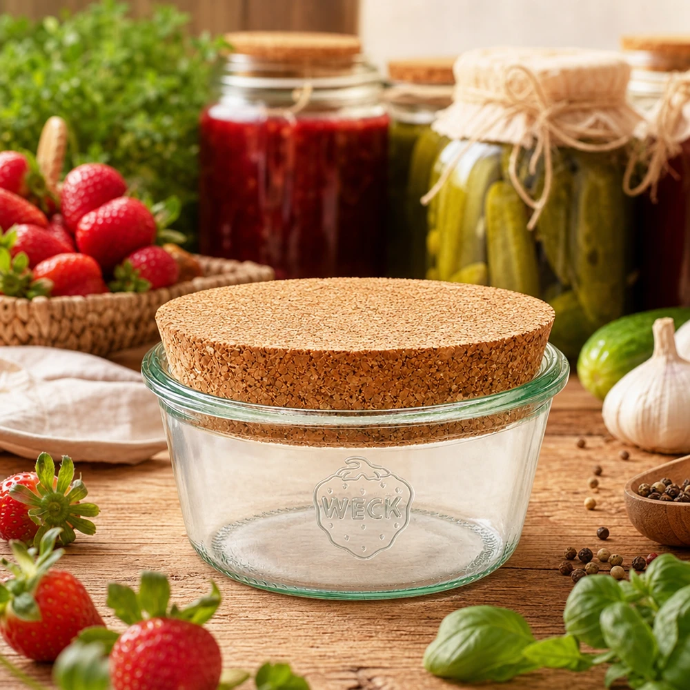Tarro bajo de 290ml WECK RR100 con corcho natural Tarro de conserva WECK de 290 ml con tapa de corcho en una cocina rústica rodeada de fresas y verduras frescas
