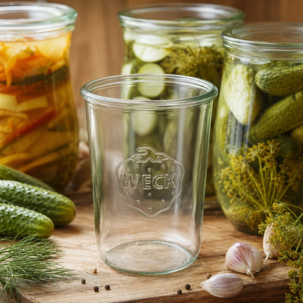 Vaso de 850ml WECK RR100 Tarro de cristal WECK RR100 de 850 ml vacío delante de pepinillos en vinagre y verduras en tarros de cristal llenos sobre una base de madera.