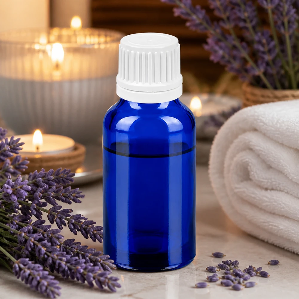 Frasco de vidrio azul cobalto de alta calidad de 20 ml con tapón a prueba de niños para aromaterapia