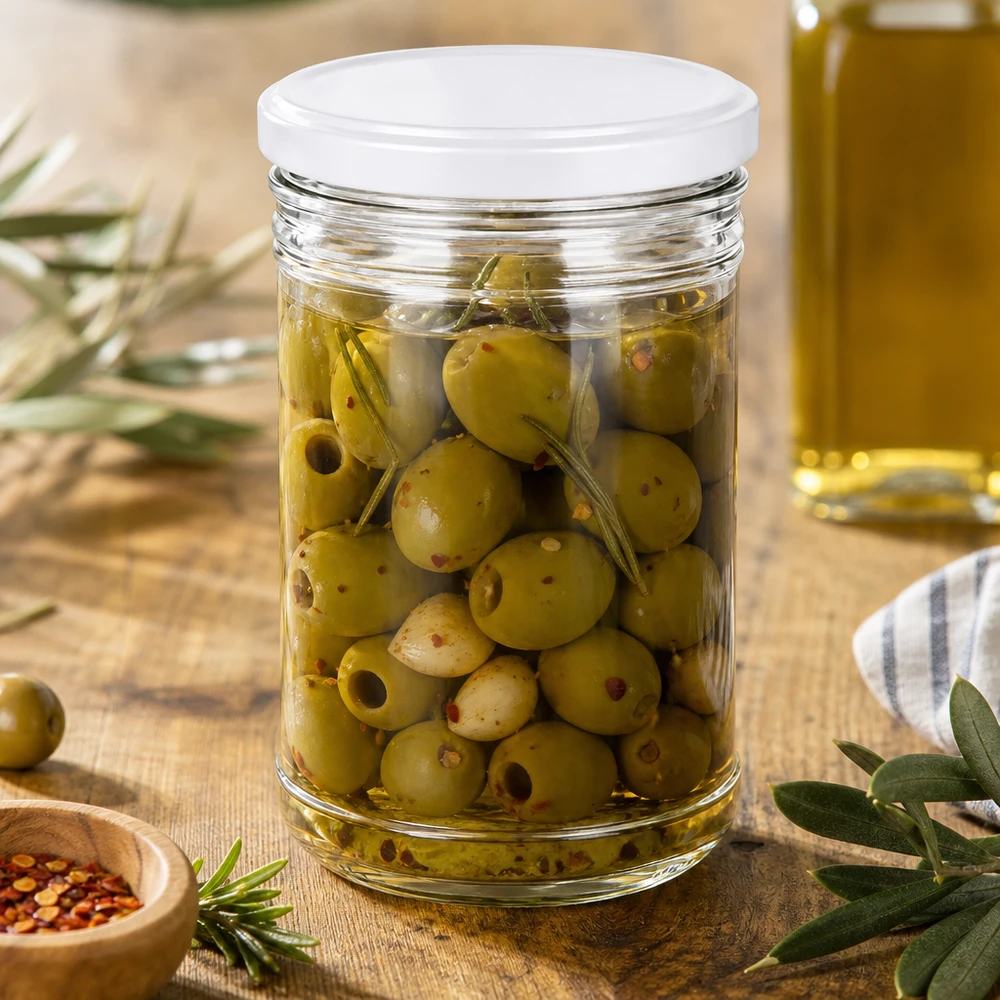 Vaso de 1053ml con tapa BasicSeal blanco UNiTWIST Los vasos de 1053 ml llenos de aceitunas muestran el uso mediterráneo BasicSeal tapa tarro blanco de almacenamiento para antipasti
