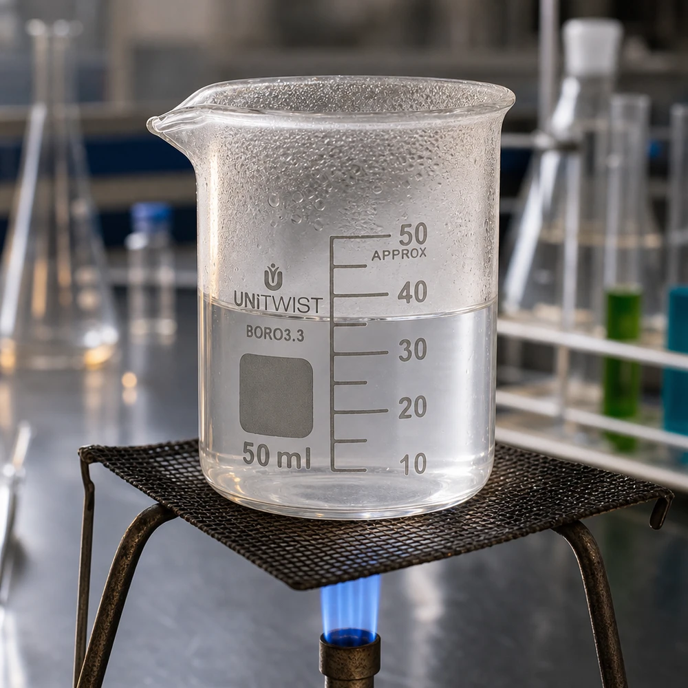 Vaso 50ml borosilicato, molde bajo UNiTWIST Vaso de precipitados de 50 ml UNiTWIST BORO 3.3 calentado con un mechero Bunsen, con vapor de agua en la pared del vaso