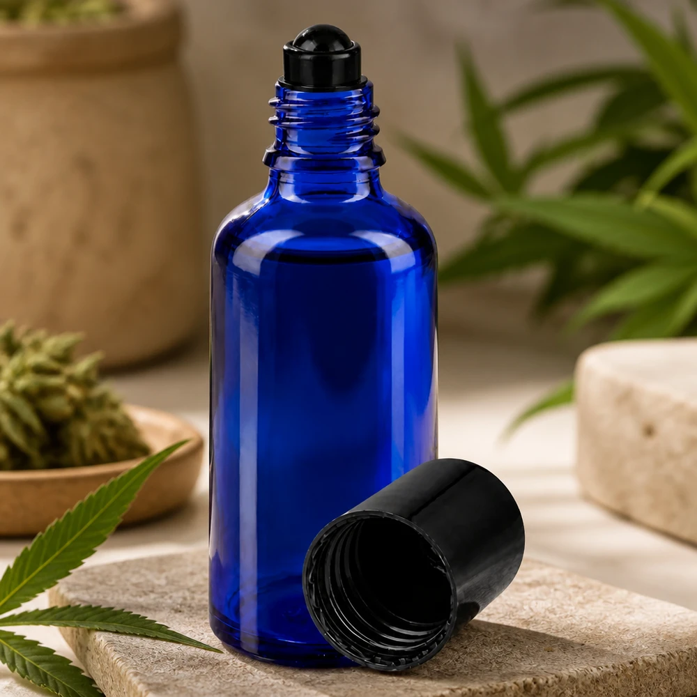 Frasco roll-on azul cobalto de 50 ml con bola rodante negra para aceites esenciales y productos de CBD