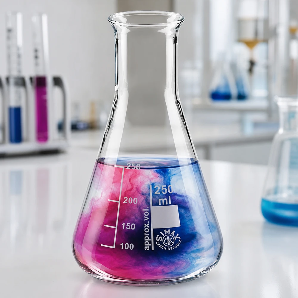 Matraz Erlenmeyer graduado de 250 ml con escala y productos químicos coloreados para experimentos