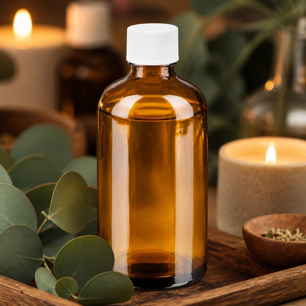 Frasco de vidrio de color ámbar de 100 ml con tapón de plástico blanco para aceites esenciales y tinturas