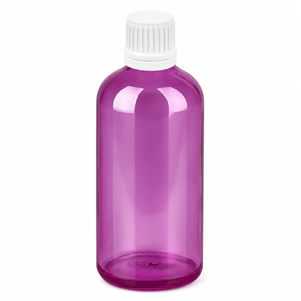 Frasco cuentagotas de 100 ml 0,7 mm blanco Originalidad tapón de rosca PurpleLine UT18/100 Frasco cuentagotas de 100 ml con tapón blanco y cuerpo de plástico morado para una dosificación precisa