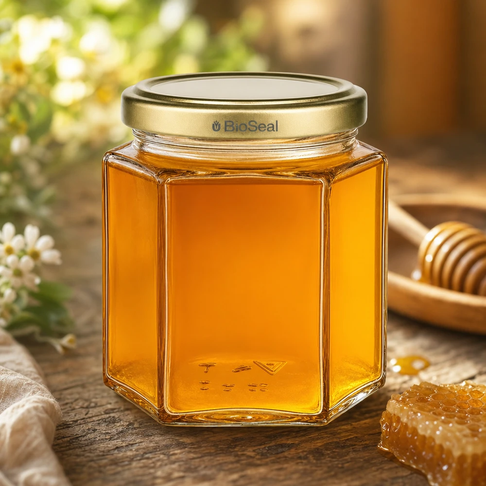 Tarro de miel hexagonal de 520 g con tapa dorada BioSeal lleno de miel natural junto a un panal y una cuchara de miel