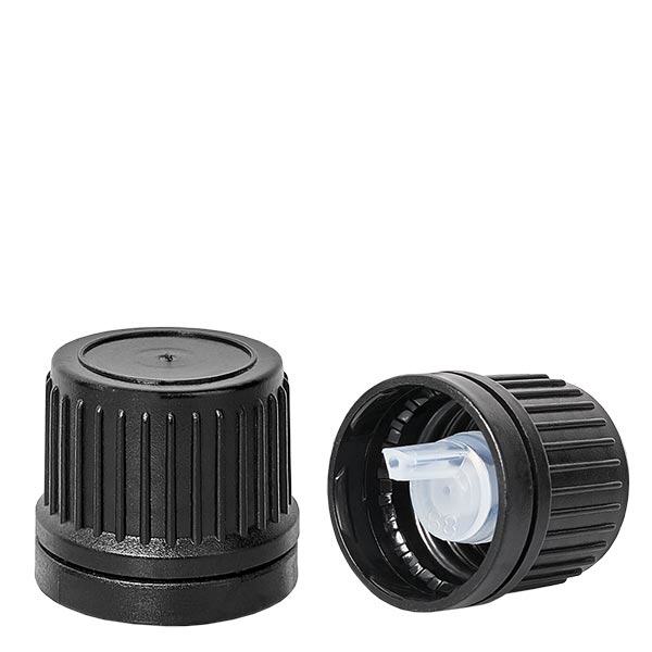 Tapón cuentagotas 1mm superior negro 18mm con cierre inviolable Tapón cuentagotas 1mm superior negro 18mm con cierre inviolable