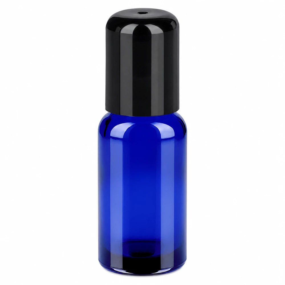 Frasco roll-on azul de 20 ml con tapón negro para aceites esenciales y cosméticos