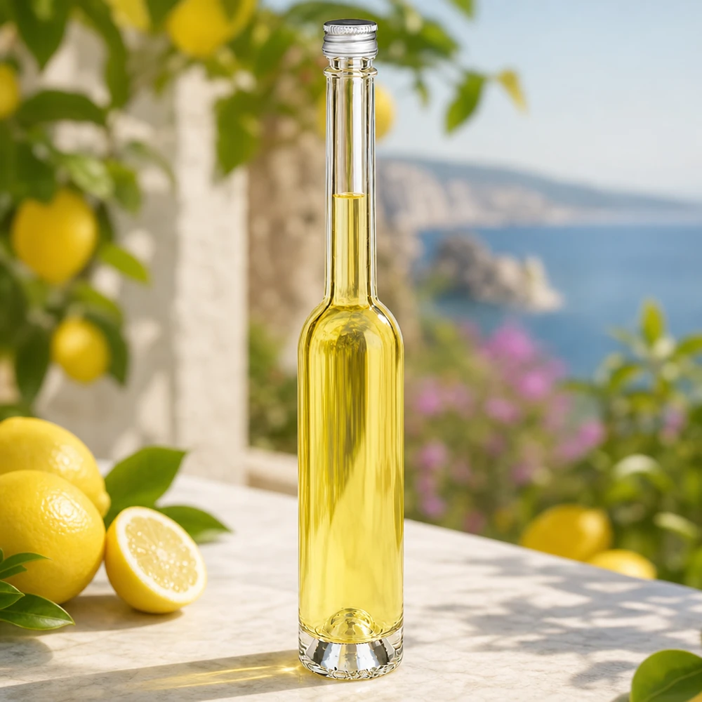 Botella de vidrio Toni de 100 ml con tapón de rosca plateado - elegante forma estrecha para limoncello