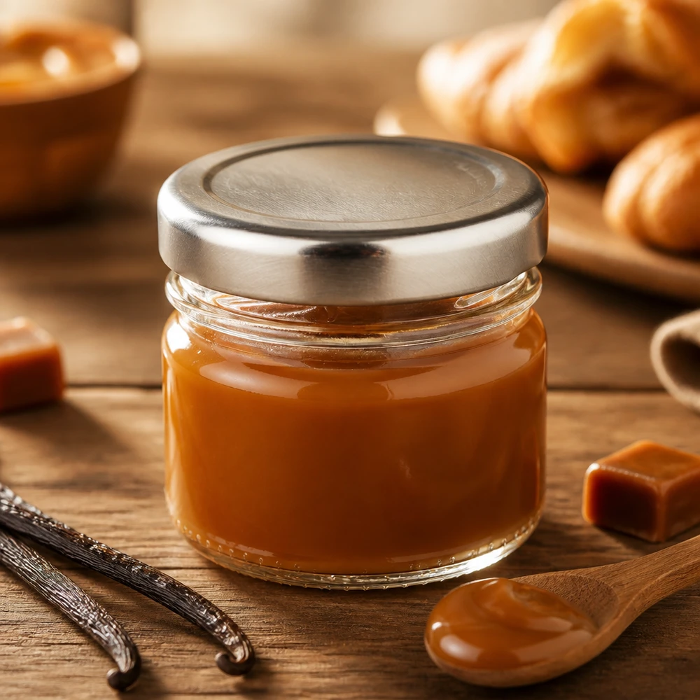 Vaso redondo de cristal de 33 ml con tapa BasicSeal plateada, lleno de salsa de caramelo, sobre una mesa rústica de madera